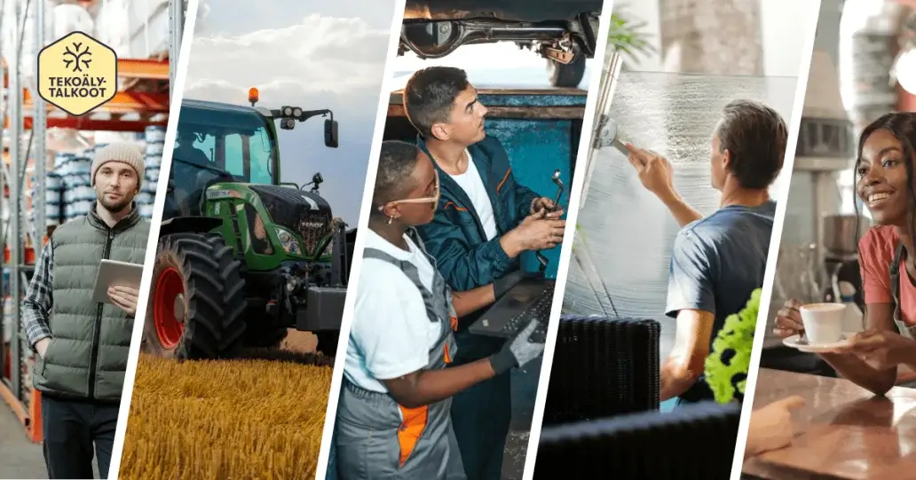 Collage of people at work in different jobs, from farming to an office