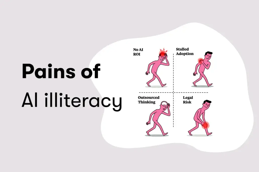 “Pains of AI illiteracy” next to four illustrated figures stumbling in different ways