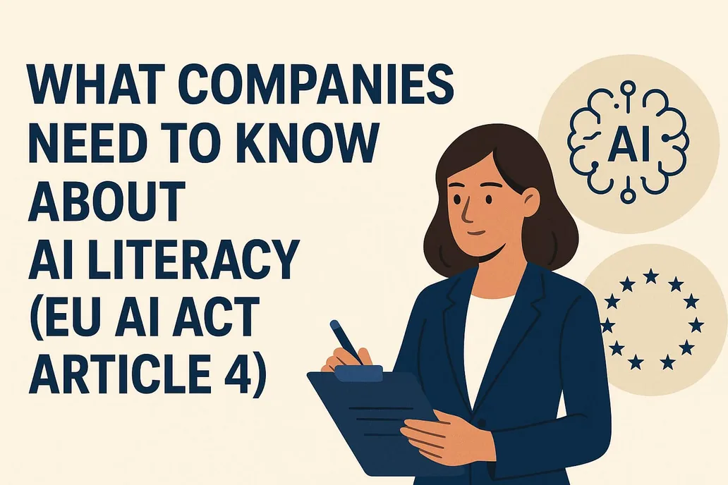 Illustration titled “What companies need to know about AI literacy (EU AI Act Article 4)”: a woman with a clipboard beside AI and EU symbols