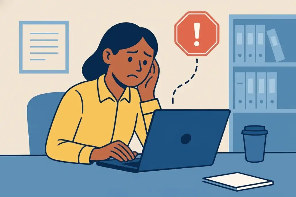 Illustration of a worried woman resting her head on her hand at a laptop, with a warning sign above her
