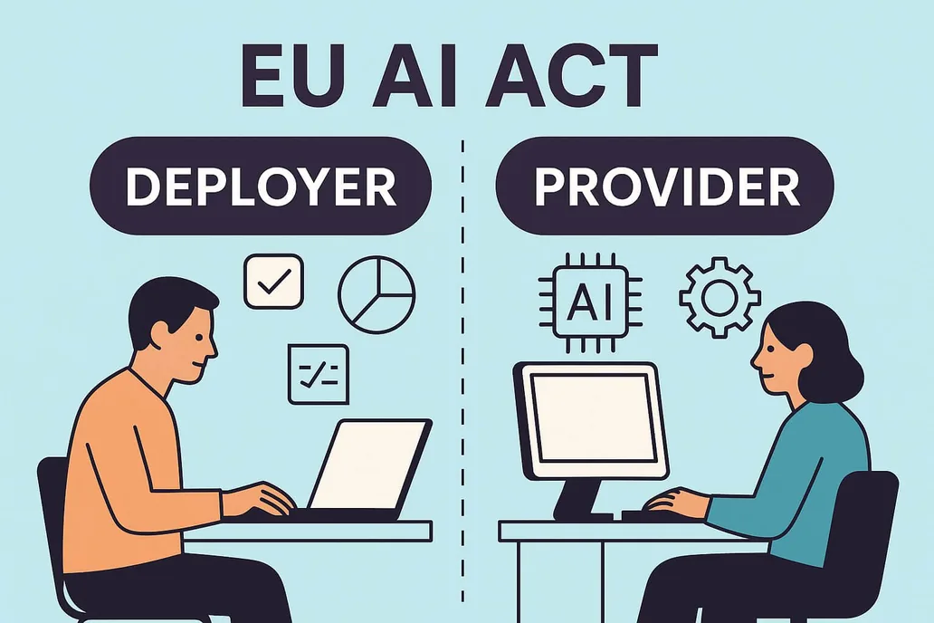 Illustration titled “EU AI Act”: a deployer working on a laptop next to a provider building an AI system