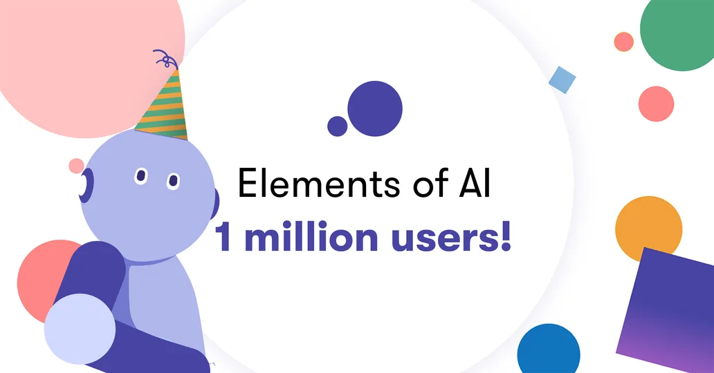 Illustration of a robot in a party hat beside the text “Elements of AI: 1 million users!”