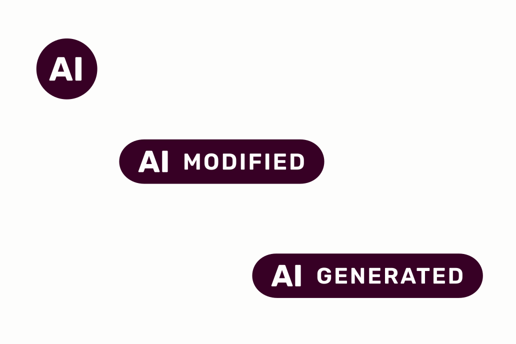 The three EU labels for AI content: a round “AI” icon, an “AI Modified” label, and an “AI Generated” label