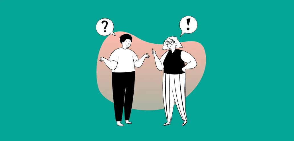 Illustration of two people talking, one with a question mark and the other with an exclamation mark above them