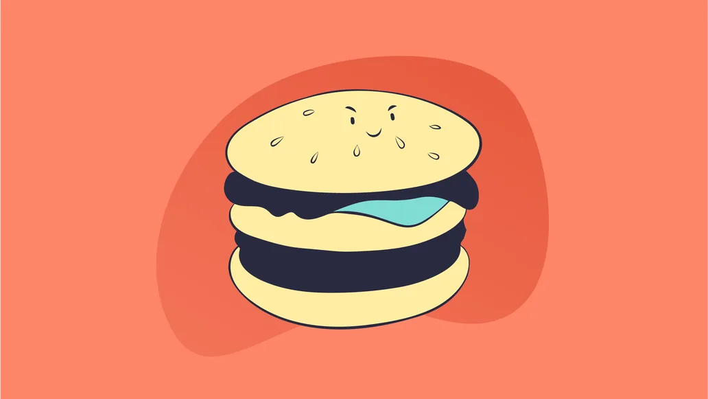 Illustration of a hamburger with a small face on its bun, on an orange background
