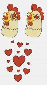 Image of two chickens. The first one with eyes on fire, the second one with hearts in its eyes. There are floating hearts below the two chickens