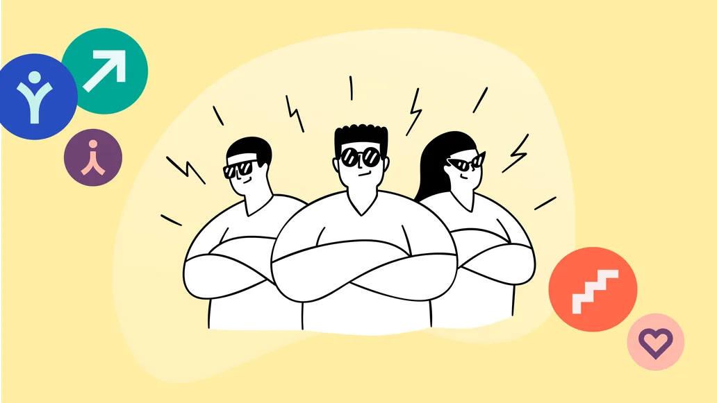 Illustration of three confident people in sunglasses with arms crossed, surrounded by course icons