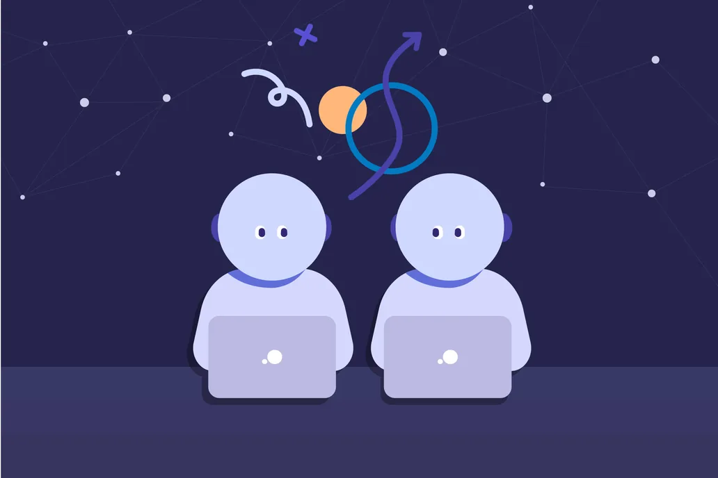 Illustration of two round-headed characters studying side by side on laptops under a starry sky