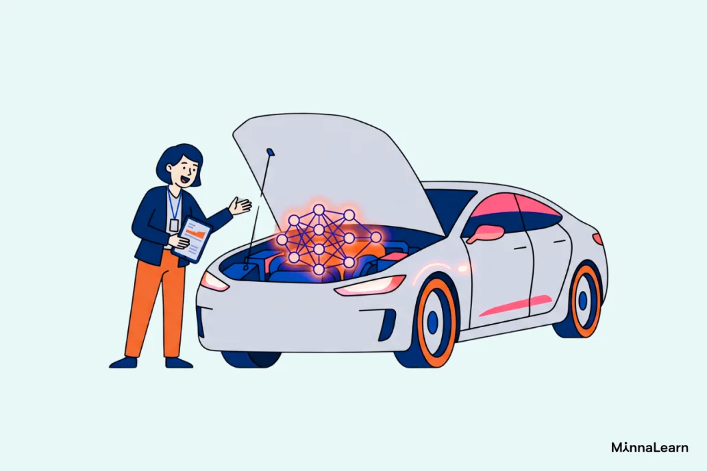 Illustration of a woman with a clipboard inspecting a car engine that glows with connected dots