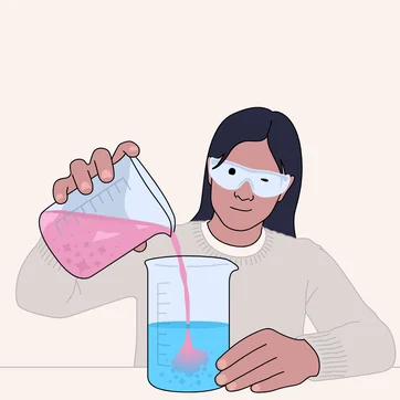 Illustration of a person in safety goggles pouring a liquid into a beaker of second liquid, depicting a lab experiment